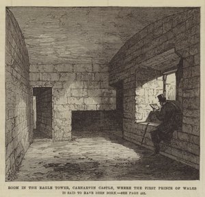 Kamer in de Adelaars Toren, Carnarvon Kasteel, waar de Eerste Prins van Wales zou zijn geboren (gravure)