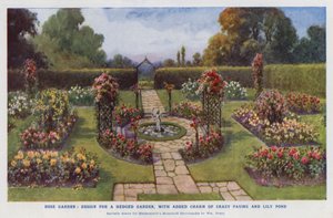 Rozentuin, ontwerp voor een tuin met hagen, met toegevoegde charme van gekke bestrating en lelievijver (kleurenlitho) door English School