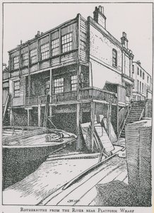 Rotherhithe vanaf de rivier de Theems bij Platform Wharf; The Angel