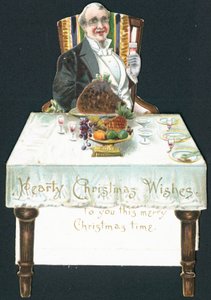 Dikke man aan tafel, kerstkaart door English School