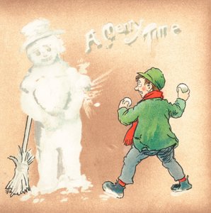 Ruwe jongen die sneeuwballen gooit naar sneeuwpop, kerstkaart door English School