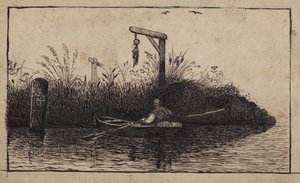 Roeiboot die een galg passeert door English School