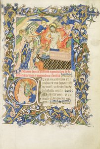Gekroonde figuur ondersteund door grijs bebaarde heilige knielend voor een afbeelding van Pity, uit de Psalter van Humphrey Hertog van Gloucester, c.1420-30 door English School