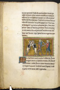 Royal 12 F.XIII, f.42v Twee ridders die te voet vechten met zwaarden, terwijl hun paarden elkaar bevechten op hun achterpoten, uit Bestiarium (ff. 3-141), Lapidarium (ff. 141v-149), 2e kwart van de 13e eeuw (perkament) door English School