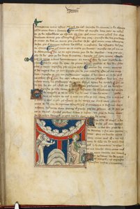 Een leeuwenbek en op een omgekeerde boog van wolk zes hoofden die de zeven donderslagen voorstellen: hieronder, links, de engel, en rechts, Johannes die op het punt staat in het boek te schrijven, uit 