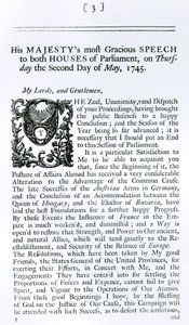 Koninklijke toespraak tot beide huizen van het parlement, 2 mei 1745 (prent) door English School