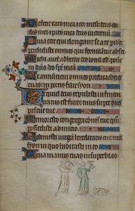 Royal ms 2_B VII f.177v Bas-de-page scène van twee vrouwen die valken dragen, en een kleine hond voor hen, met een bewoonde initiaal, illustratie uit de 