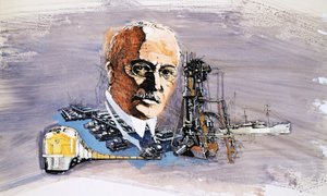Rudolf Diesel tegen de achtergrond van treinen, boten en dokken