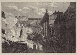 Ruïnes van het interieur van het theater van Hare Majesteit na de brand (gravure) door English School