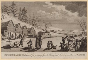 Russische sleeën, enz. gebruikt voor het vervoeren van goederen, brandhout en andere goederen in de winter (gravure)