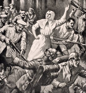Russische verpleegster Mira Miksailovitch Ivanoff leidt mannen tegen de Duitsers, 1915, uit 