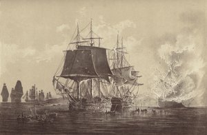 Russisch schip Vsevolod vernietigd in aanwezigheid van de Russische vloot na de actie met HMS Implacable, verbonden aan de Zweedse marine en onder bevel van kapitein Thomas Byam Martin, in de Oostzee, 26 augustus 1808 door English School