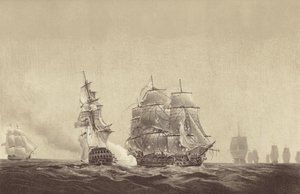 Russisch schip Vsevolod strijkt haar kleuren voor HMS Implacable, verbonden aan de Zweedse marine en onder bevel van kapitein Thomas Byam Martin, in de Oostzee, 26 augustus 1808 door English School
