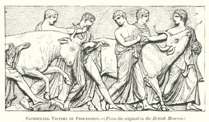 Slachtoffers in processie (gravure) door English School