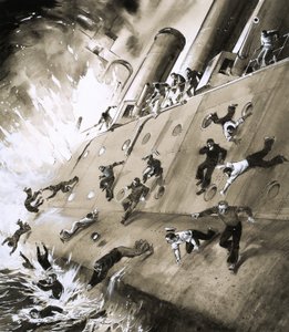 Matrozen ontsnappen van HMS Natal die in brand vloog in Cromerty Firth in 1915 door English School