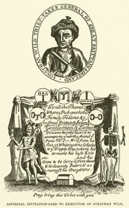 Satirische uitnodigingskaart voor de executie van Jonathan Wild (gravure) door English School