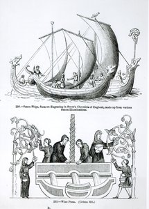 Saksisch schip, van een gravure in Strutts Chronicle of England en een wijnpers