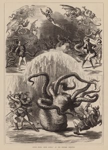 Scène uit "Grim Goblin" in het Grecian Theatre (gravure) door English School