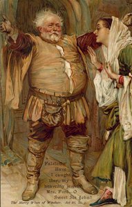 Scène uit de Vrolijke Vrouwen van Wndsor door William Shakespeare (kleurenlitho)