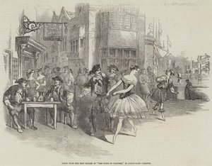 Scène uit het Nieuwe Ballet van "The Wags of Wapping," in Drury-Lane Theatre (gravure) door English School