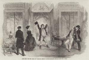 Scène uit het Nieuwe Drama "The Evil Genius," in het Haymarket Theatre door English School