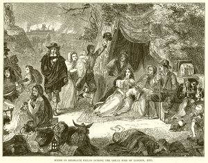 Scène in Highgate Fields tijdens de Grote Brand van Londen, 1666 door English School
