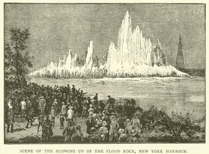 Scène van de opblazing van de Flood Rock, New York Harbour (gravure) door English School