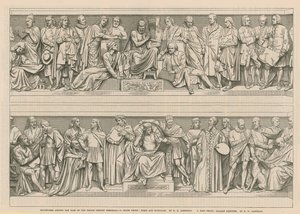 Beelden rond de basis van het Prince Consort Memorial (gravure) door English School