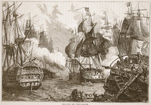 Zeeslag bij Trincomalee, illustratie uit Cassells Geïllustreerde Geschiedenis van India door James Grant, uitgegeven 1879 door English School