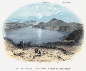 Meer van Galilea vanaf Vermeende Ruïnes van Kapernaüm (gekleurde gravure)