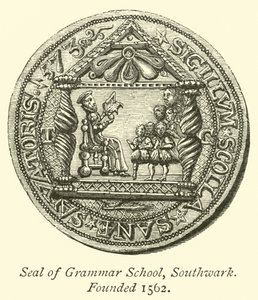 Zegel van Grammar School, Southwark, opgericht 1562 door English School