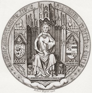 Zegel van Robert Stewart, Hertog van Albany, ca. 1340 – 1420. Lid van het Schotse koningshuis, regent, Gouverneur van Schotland, Hertog van Albany, Graaf van Fife & Menteith. Uit Iconographia Scotica of Portretten van Illustere Personen van Schotland, gepu door English School