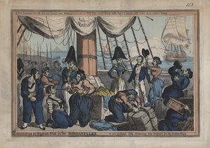Doorzoeken van een Brits schip in de Dardanellen, of onze trouwe bondgenoot toont zijn respect voor de Britse vlag (gekleurde gravure)