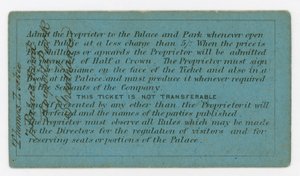 Seizoenskaart voor toegang tot het Crystal Palace, 1861-1862, achterzijde, met regels door English School