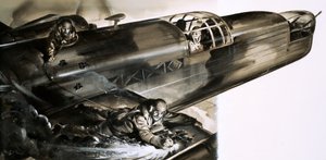 Sergeant James Allen Ward loopt over de vleugel van een Wellington-bommenwerper door English School
