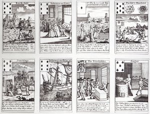 Set speelkaarten met satirische scènes van huidige commerciële ondernemingen en investeringen, ca. 1720 door English School