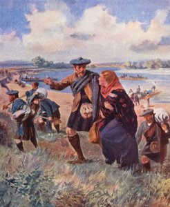 Kolonisten uit Kildonan arriveren bij de Red River, Manitoba door English School