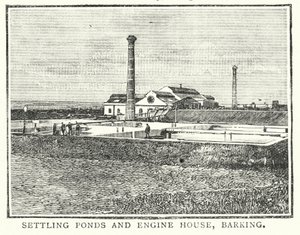 Bezinkingsvijvers en machinehuis, Barking (gravure) door English School