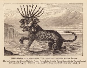 Zevenkoppig en tienhoornig wild beest (gravure) door English School