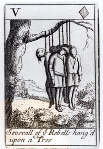 Verschillende rebellen opgehangen aan een boom, harten vijf speelkaart uit een set ter herdenking van Monmouths opstand in 1685 door English School