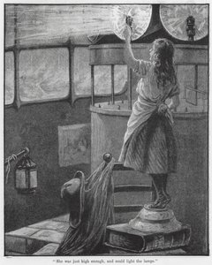 "Ze was net hoog genoeg en kon de lampen aansteken" (gravure) door English School