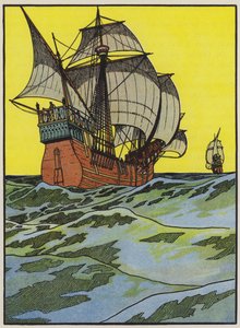 Schepen van Christoffel Columbus steken de Atlantische Oceaan over (kleurenlitho)