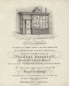 Winkel van Samuel Knights, prentverkoper en lijstenmaker, 3 Sweetings Alley, Cornhill, City of London door English School