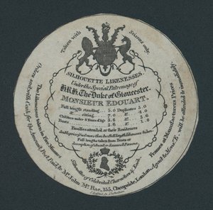 Silhouet Gelijkenissen, Monsieur Edouart, co 155 Cheapside, Londen, handelskaart
