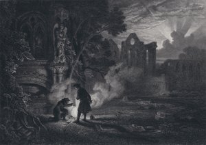 Sir Arthur en Dousterswivel in de ruïnes van St. Ruth (gravure)