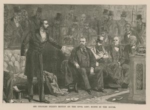 De motie van Sir Charles Dilke over de Civiele Lijst: scène in het Huis door English School