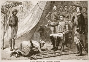 Sir David Ochterlony en de Ghoorka boodschapper, illustratie uit Cassells Geïllustreerde Geschiedenis van India door James Grant, uitgegeven 1879