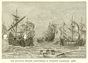 Sir Francis Drake neemt een Spaanse galei in beslag, 1588 door English School