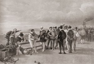 Sir Francis Drake speelt bowls, met de Spaanse Armada in zicht bij Plymouth Hoe, Engeland in 1588 door English School