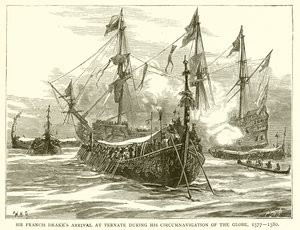 Aankomst van Sir Francis Drake in Ternate tijdens zijn reis rond de wereld, 1577-1580